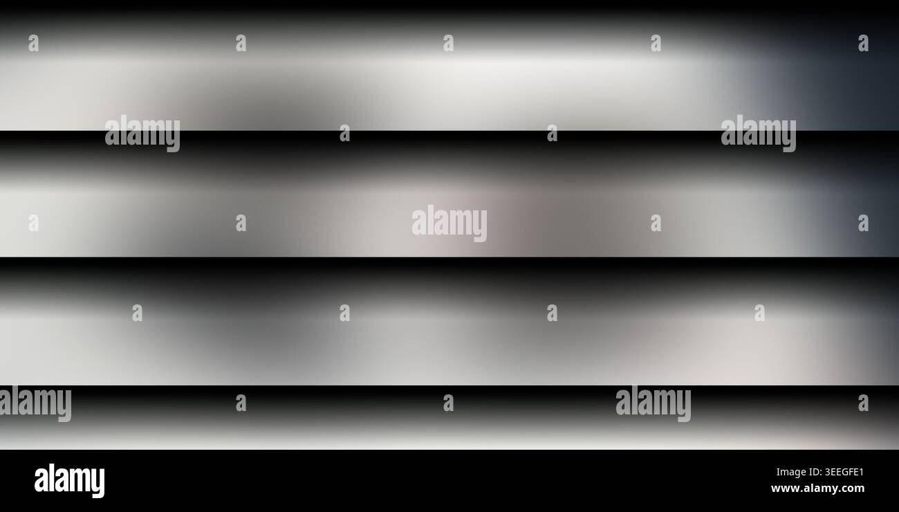 Ein eleganter Hintergrund mit horizontalen metallischen silbernen Leisten mit weichen Verläufen und Schatten, die eine polierte, hochmoderne und moderne Ästhetik schaffen. Stockfoto