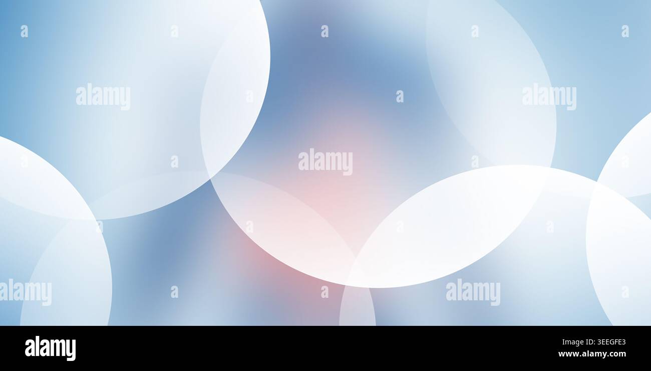 Eine abstrakte Komposition aus überlappenden weißen Kreisen mit einem dezenten warmen Licht vor einem weichen blau-weißen Farbverlauf. Stockfoto