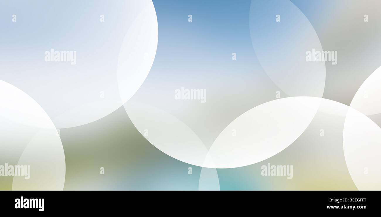 Abstrakter Hintergrund mit überlappenden weißen Kreisen auf einem weichen, verschwommenen Hintergrund mit Anklängen von Blau- und Grüntönen. Stockfoto