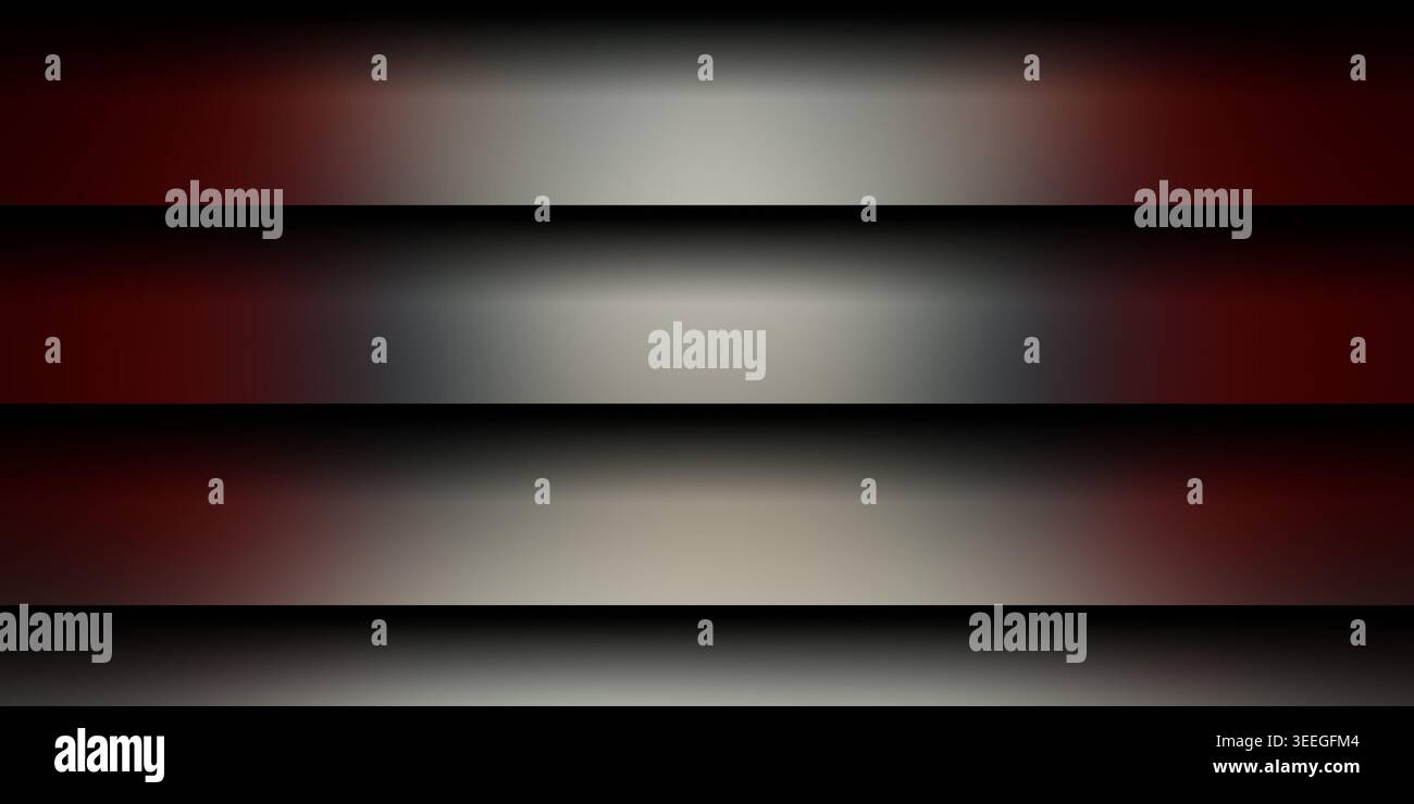 Ein eleganter abstrakter Hintergrund mit horizontalen silberfarbenen und dunkelroten Streifen mit glatten Verläufen und realistischer Schattentiefe. Stockfoto