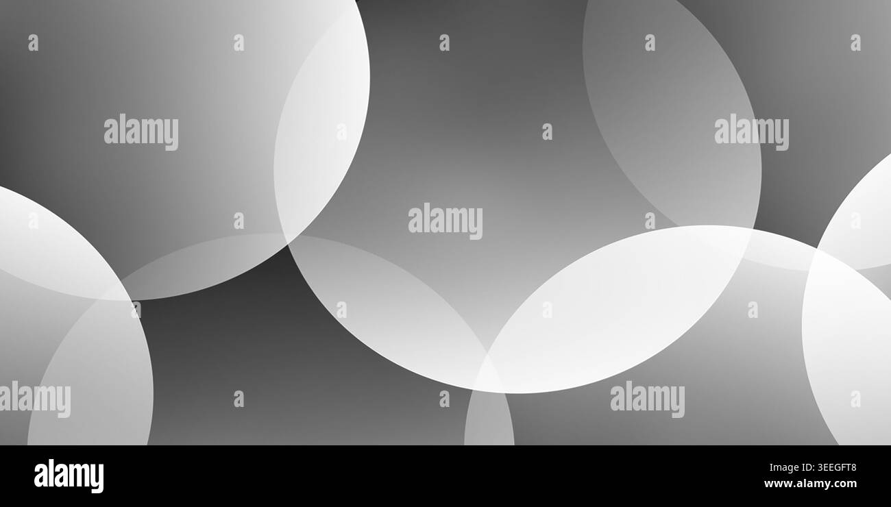 Ein moderner abstrakter Hintergrund mit durchscheinenden, sich überlappenden weißen Kreisen, die in einem geometrischen Muster gegen einen glatten, dunkelgrauen Farbverlauf angeordnet sind Stockfoto