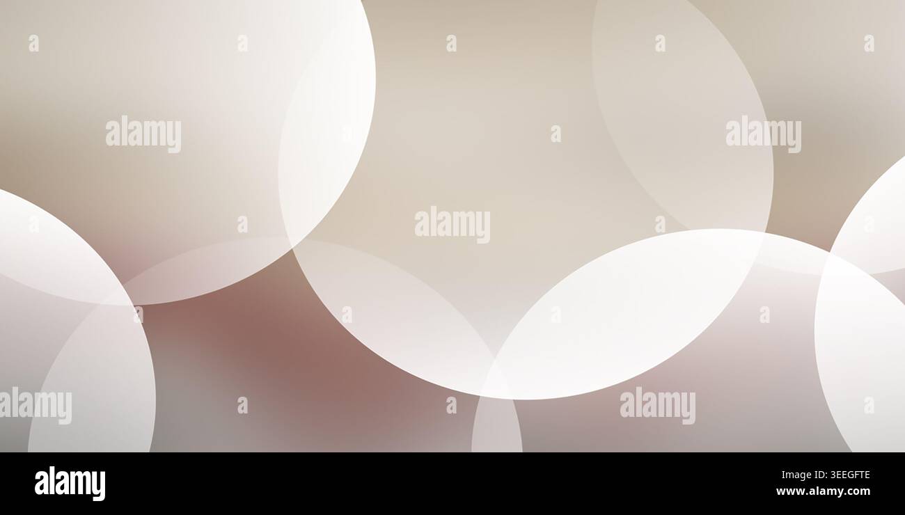 Ein moderner abstrakter Hintergrund mit durchscheinenden, sich überlappenden weißen Kreisen, die in einem geometrischen Muster gegen ein glattes, warmes Beige und braunes G angeordnet sind Stockfoto