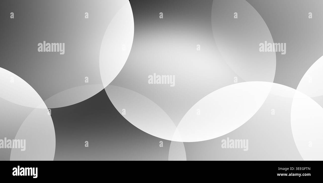 Ein moderner abstrakter Hintergrund mit durchscheinenden, sich überlappenden weißen Kreisen, die in einem geometrischen Muster gegen einen glatten, hellgrauen Farbverlauf angeordnet sind Stockfoto