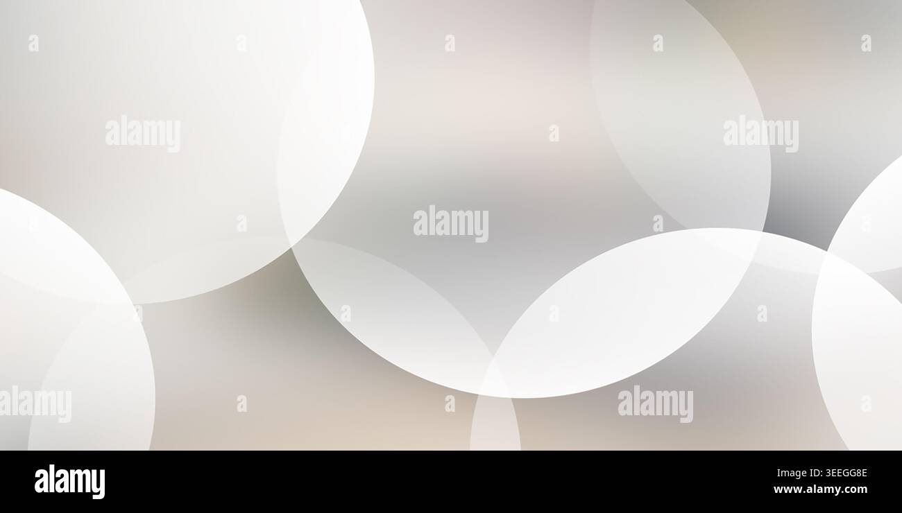 Abstrakter Hintergrund mit sich überlappenden weißen Kreisen mit unterschiedlicher Transparenz vor einem weichen, neutralen Hintergrund mit Farbverlauf. Stockfoto