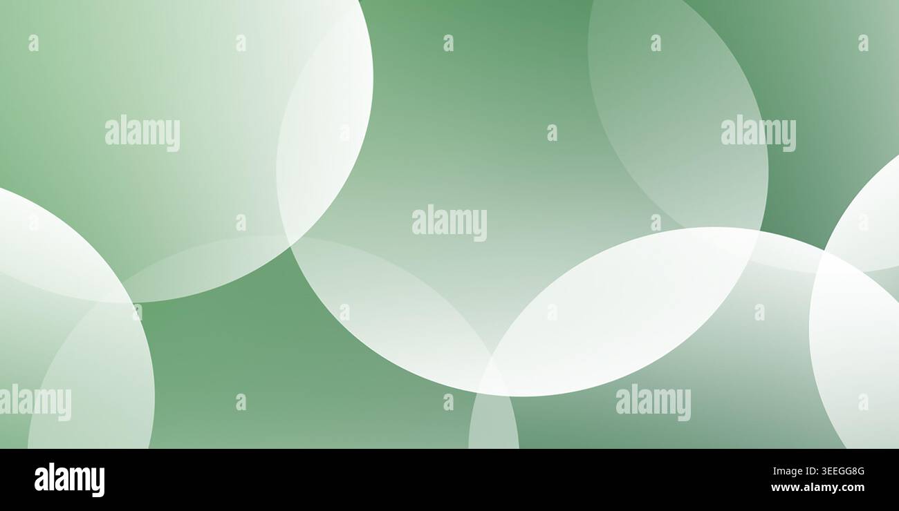 Abstrakter Hintergrund mit überlappenden weißen Kreisen mit variierender Transparenz, vor einem weichen, eleganten grünen Hintergrund mit Farbverlauf. Stockfoto