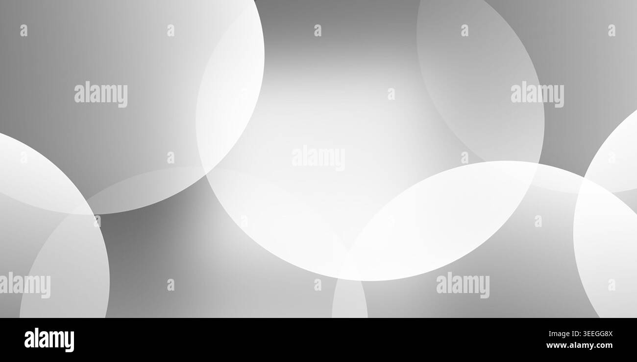 Abstrakter Hintergrund mit weichen, überlappenden weißen Kreisen auf einem glatten grauen Verlauf, der ein modernes und minimalistisches Design schafft. Stockfoto