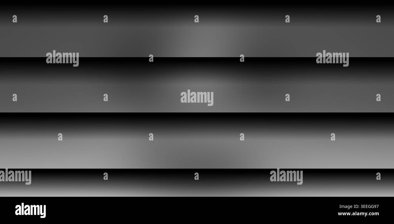 Ein minimalistischer abstrakter Hintergrund mit mehrschichtigen horizontalen Metallic-grauen Panels mit sanfter Beleuchtung und dezenten Schatten, die einen modernen Tiefeneffekt erzeugen Stockfoto
