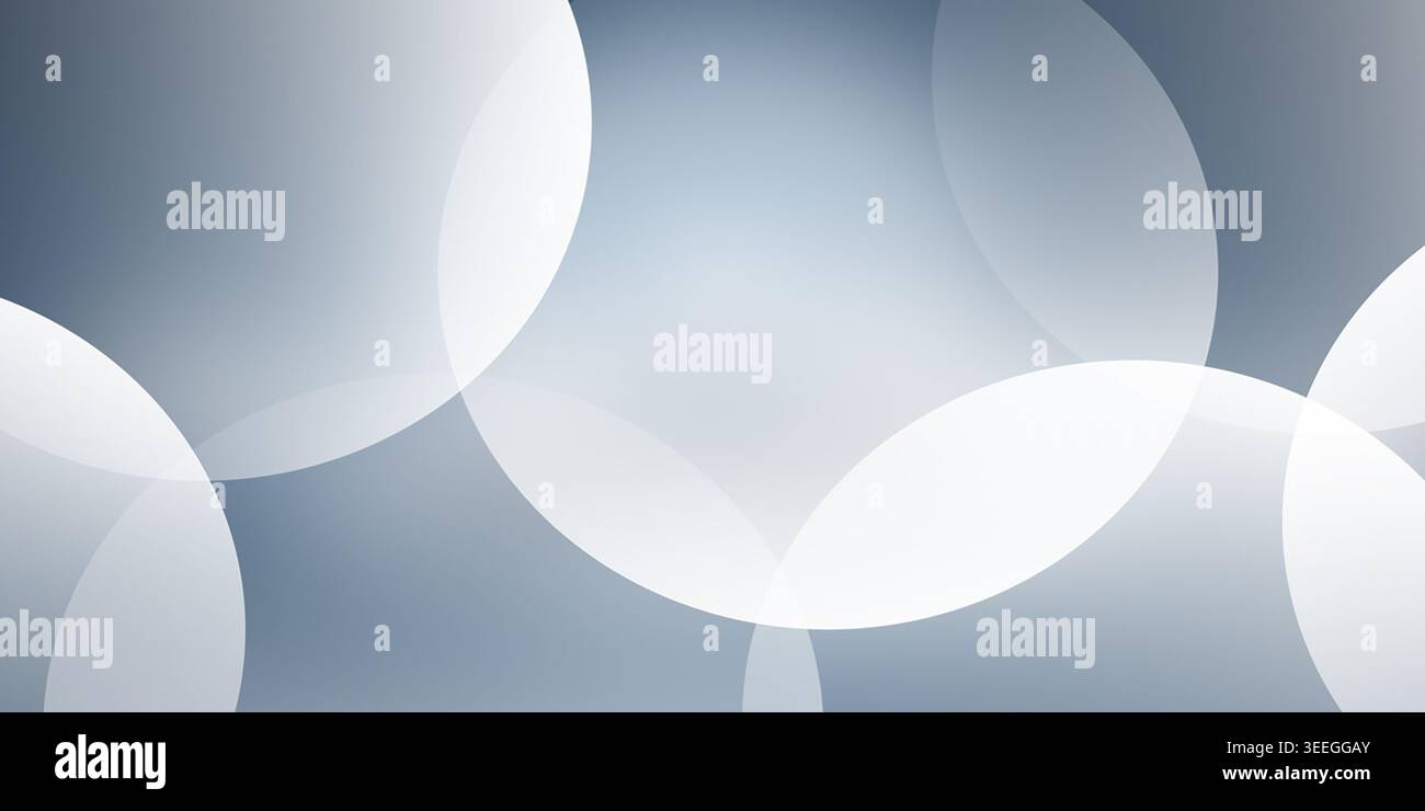 Ein moderner abstrakter Hintergrund mit durchscheinenden, sich überlappenden weißen Kreisen gegen einen weichen, kühlen Grau- und Blautöne. Stockfoto