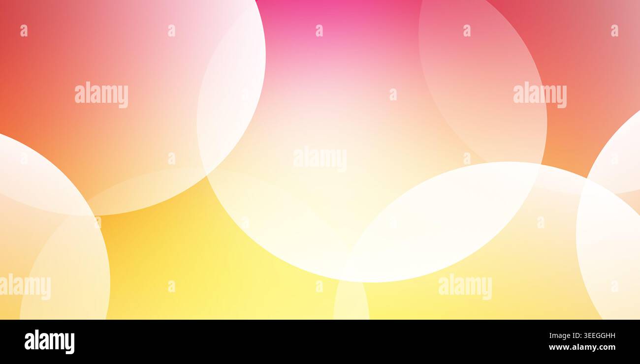 Ein lebendiger abstrakter Hintergrund mit überlappenden, durchscheinenden Kreisen mit einem warmen Farbverlauf von Rosa und Orange zu Gelb. Stockfoto