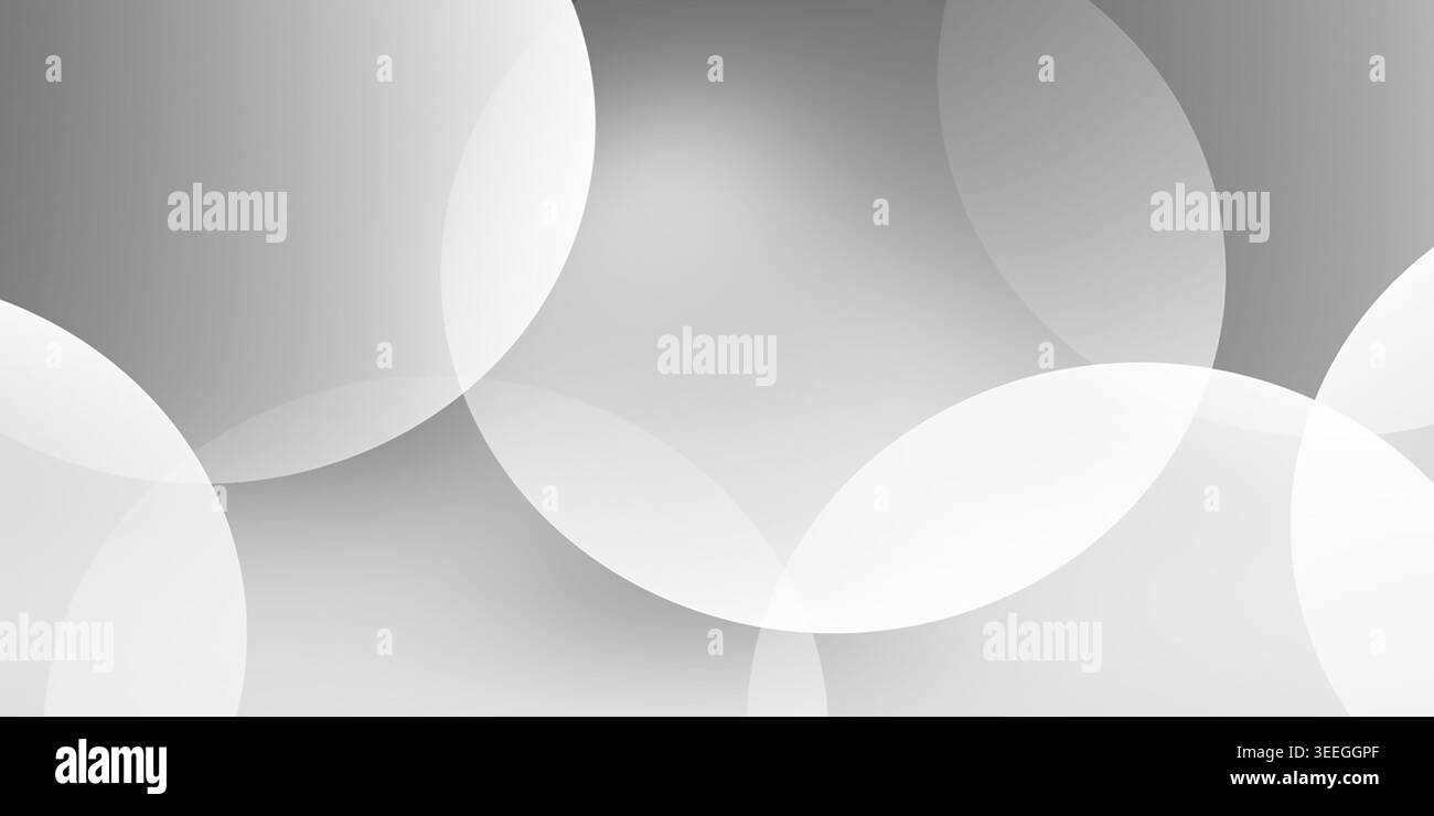 Abstraktes Hintergrunddesign mit mehreren überlappenden, durchscheinenden weißen Kreisen auf einem glatten, weichen grauen Hintergrund. Stockfoto