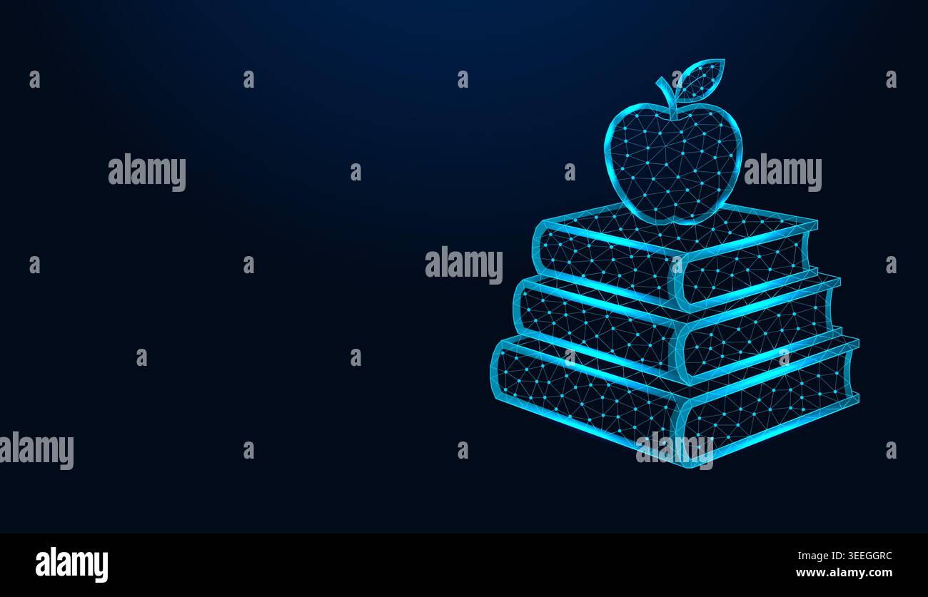 Apfel mit niedrigem Poly-Drahtmodell auf einem Stapel Bücher auf dunkelblauem Hintergrund. Stock Vektor