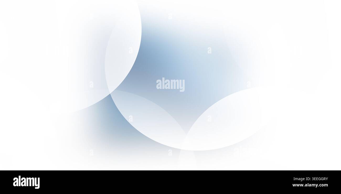 Ein klares, minimalistisches abstraktes Design mit überlappenden weißen Kreisen und sanften blauen Schatten vor reinweißem Hintergrund. Stockfoto