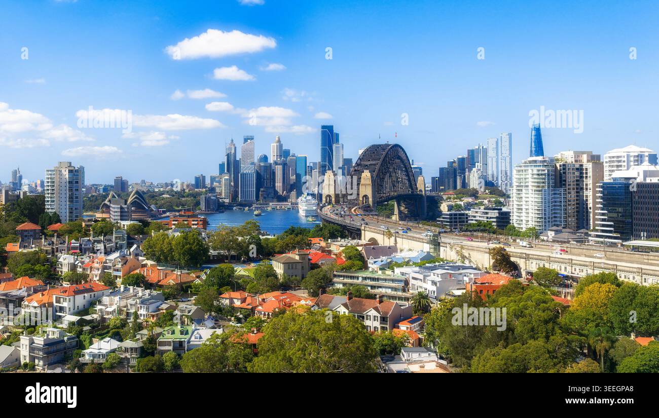 Kirribilli Lower North Shore Wohnsiedlung wohlhabender Vorort in Sydney City weite Panoramaaussicht auf die Sehenswürdigkeiten am Hafen. Stockfoto