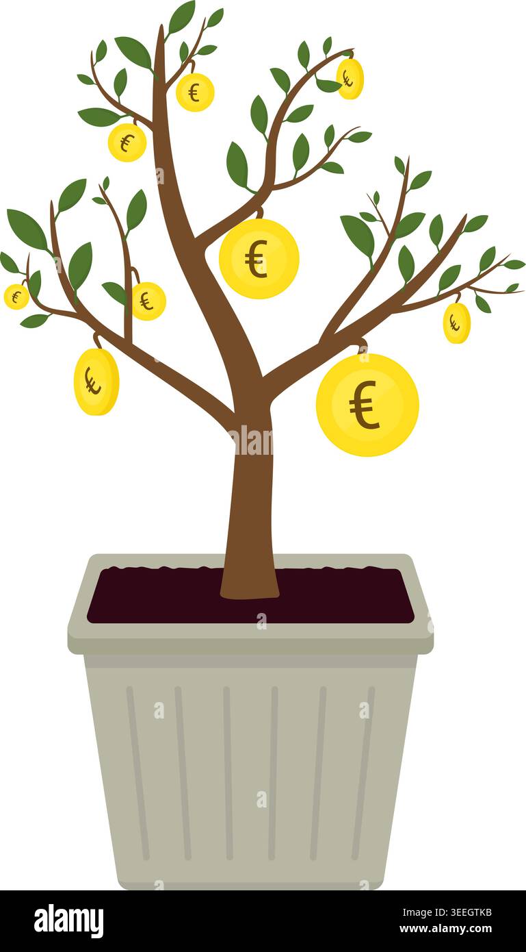 Geldbaum-Vektor-Illustration mit goldenen Euro-Münzen Stock Vektor