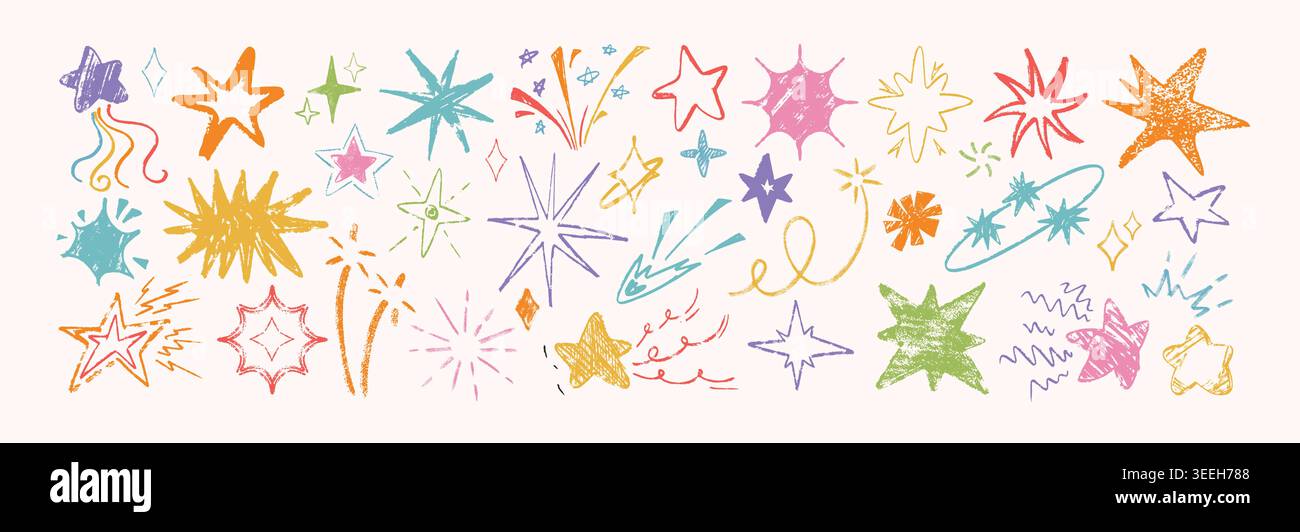 Handgezeichnete bunte Buntstift-Sternformen, Weihnachtsfeuerwerk. Vektor-Kritzelfunken, Feier-Explosion, kindliche Kreidebleistift-Design-Elemente. Fotografieren Sie Kometen und zeichnen Sie Symbole in Grunge-Textur Stock Vektor