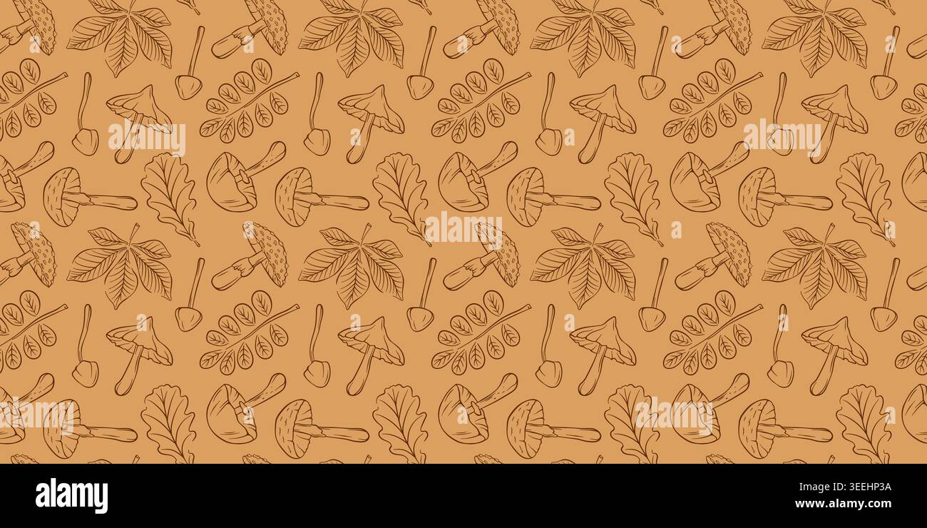 Ungenießbare nahtlose Pilze und Blätter im Line Art Stil. Hintergrund für Herbst, Natur, Saison Konzept. Stock Vektor