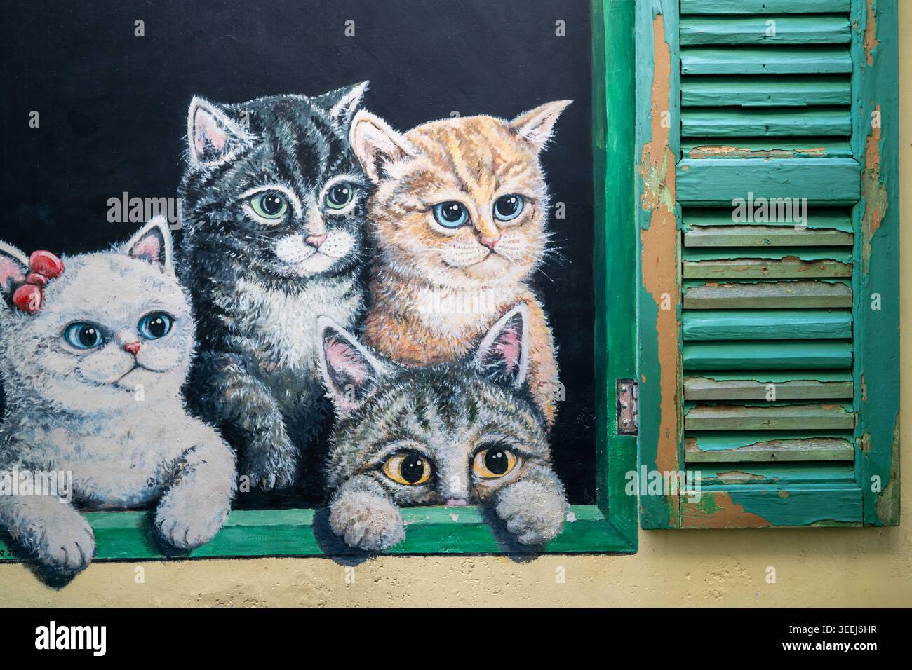 Bezauberndes Street Art Wandbild mit illustrierten Katzen, die von einem echten grünen Fensterläden aus schauen, George Town, Penang, Malaysia Stockfoto