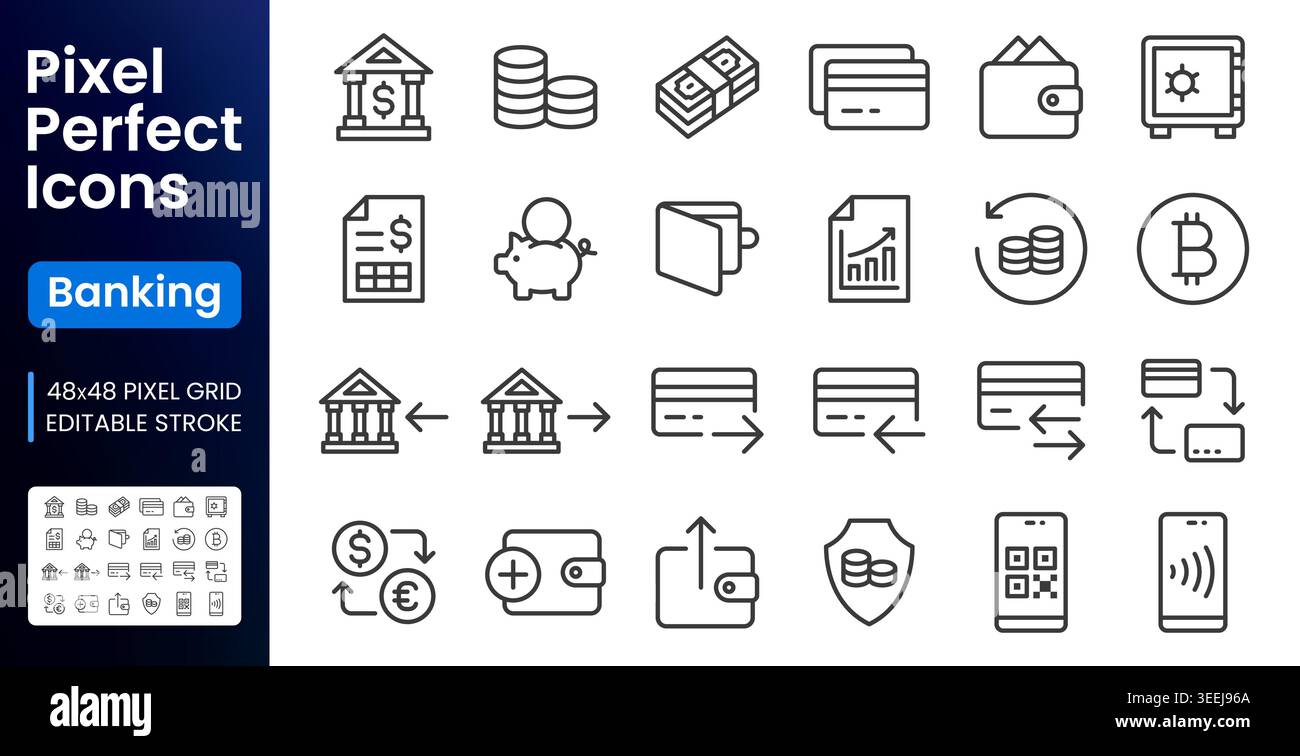 Bankwesen, Fintech-Liniensymbole eingestellt. Mobile Zahlung, NFC, Kryptowährung, QR-Code, Barrechnung, einfache minimale Vektorabbildungen für banküberweisungen. Einfach Stock Vektor