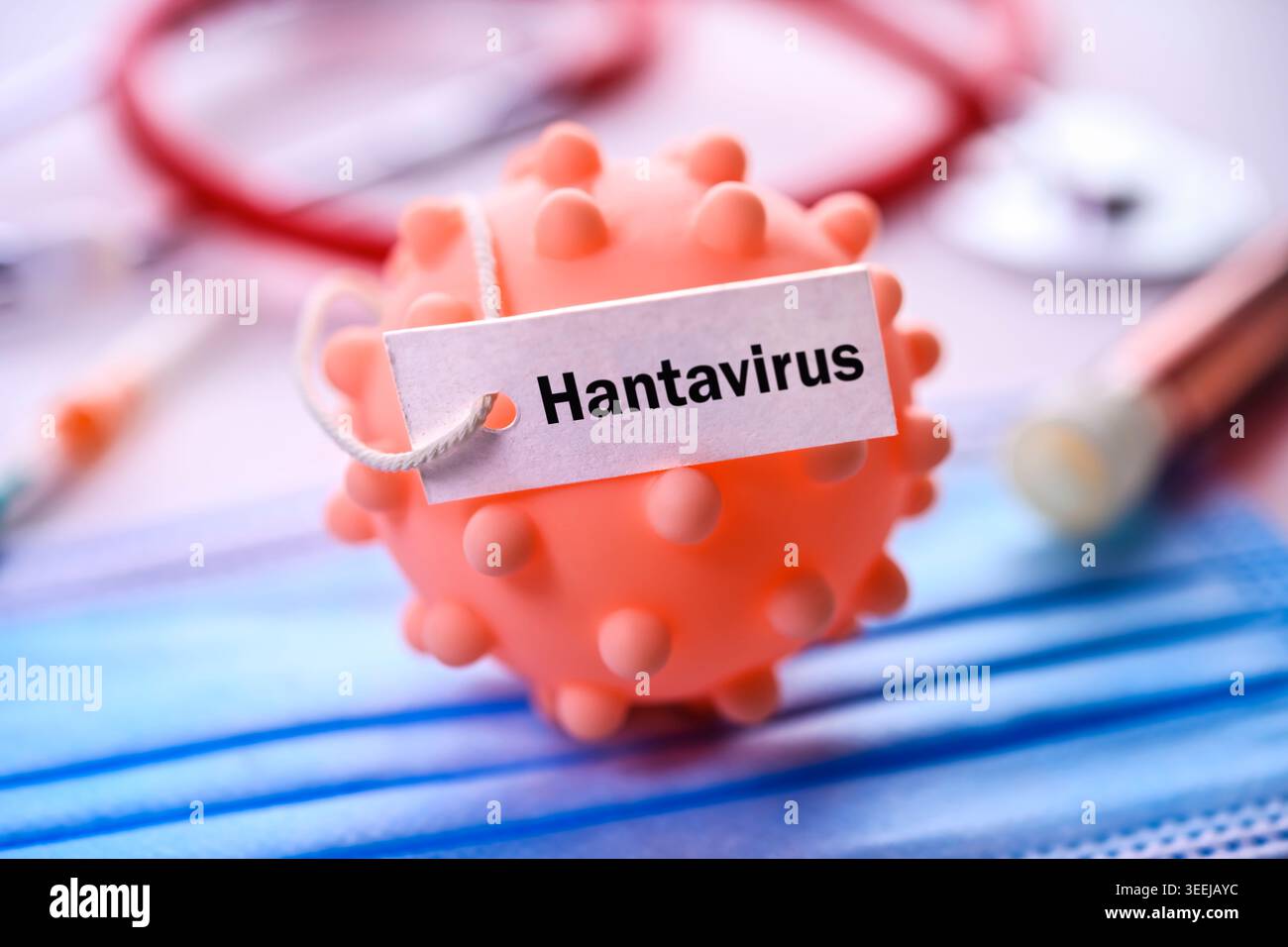 Virusmodell und Hantavirus-Schriftzug auf einem Etikett, symbolisches Foto-Hantavirus Stockfoto