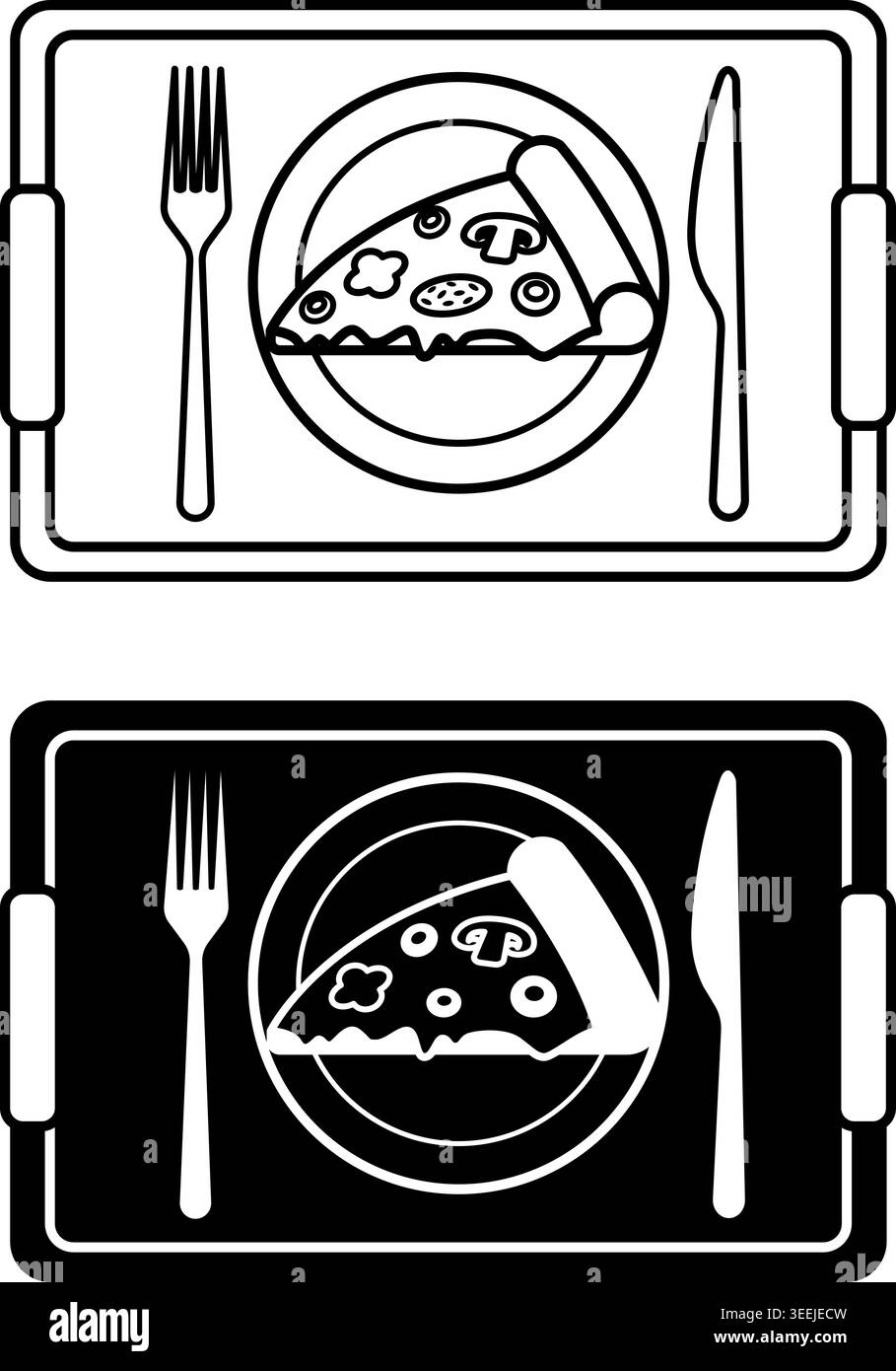 Cafeteria Icons. Schwarzweiß-Vektorzeichnungen. Tablett mit Lebensmitteln und Besteck. Pizza, Gabel, Messer und Teller. Restaurantkonzept Stock Vektor