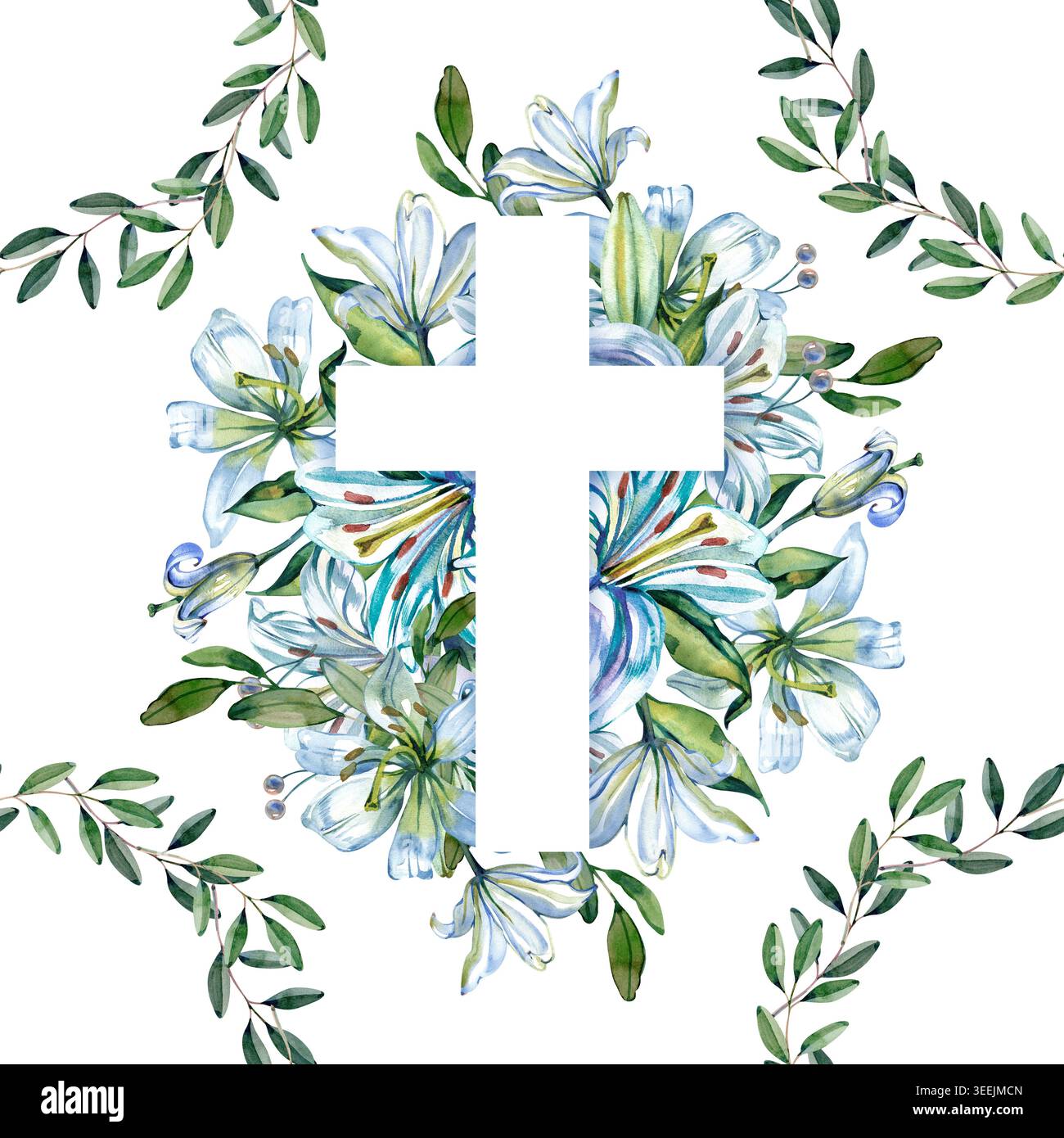 Nahtloses Aquarellmuster mit christlichen Kreuzen mit blauen Lilien und eleganten Olivenblattkränzen. Dieser handgezeichnete religiöse Hintergrund ist Stockfoto