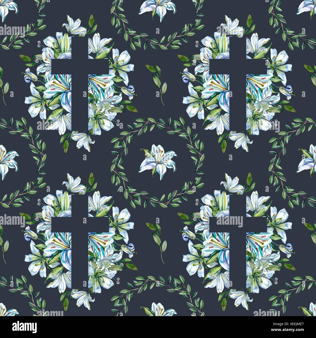 Nahtloses Aquarellmuster mit christlichen Kreuzen mit blauen Lilien und eleganten Olivenblattkränzen. Dieser handgezeichnete religiöse Hintergrund ist Stockfoto