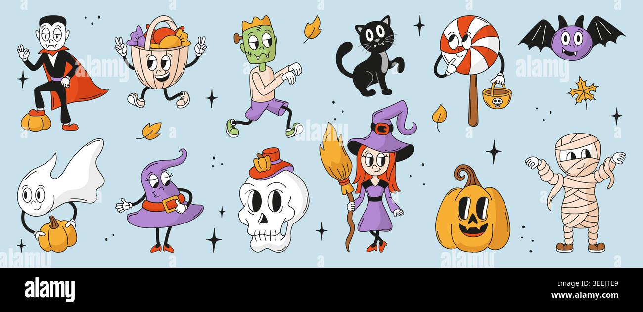 Lustige Retro-halloween-Charaktere. Comic-Vampir, Zombie, Mumie, Schädel und Geist im Herbst. Schreckliche Maskottchen, kleine Hexe und Kürbis Stock Vektor