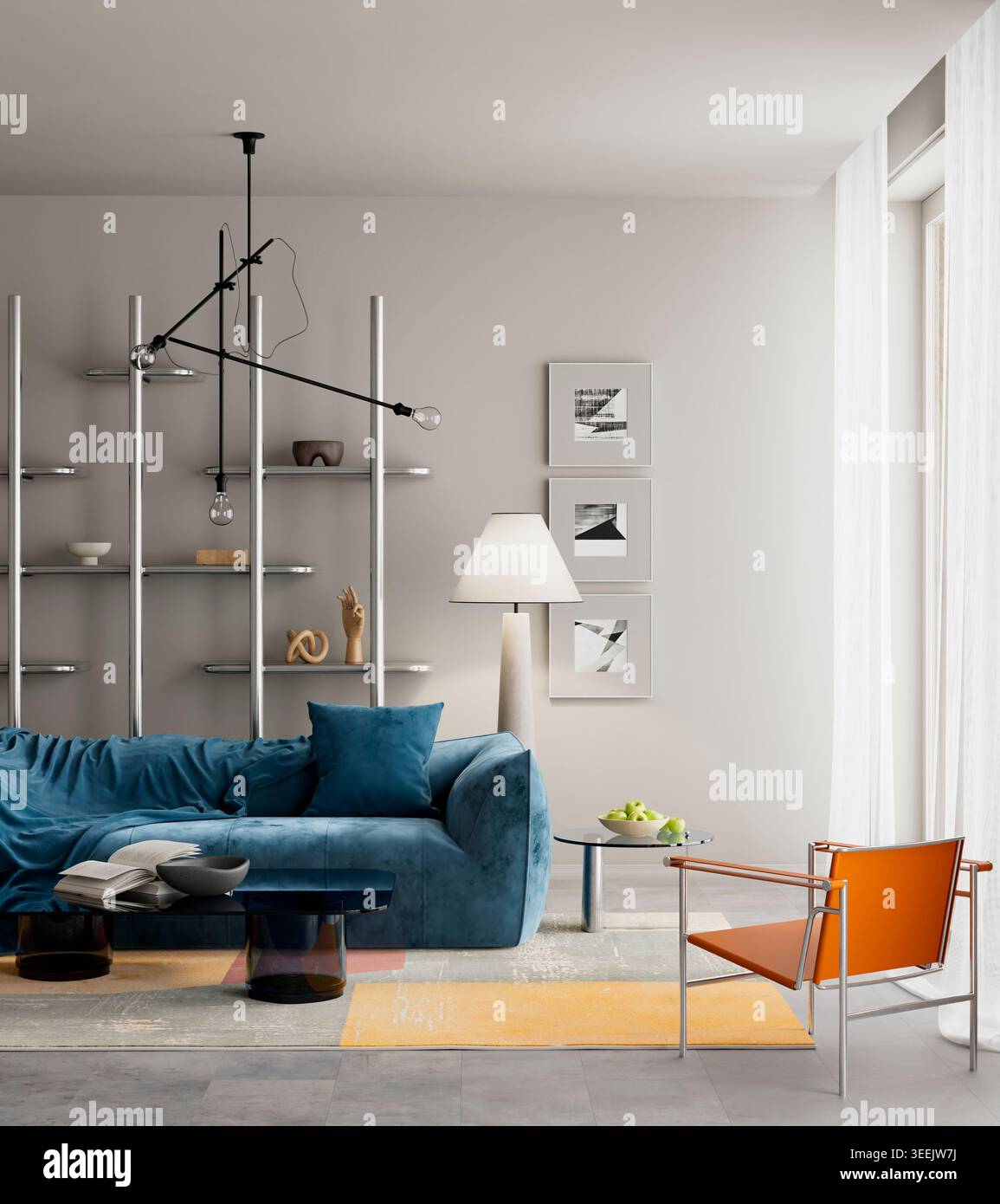 Modernes Wohnzimmer mit blauem Samtsofa, neutraler Innenausstattung und farbenfrohen Akzenten schaffen eine stilvolle, moderne Apartmentatmosphäre. 3 Stockfoto
