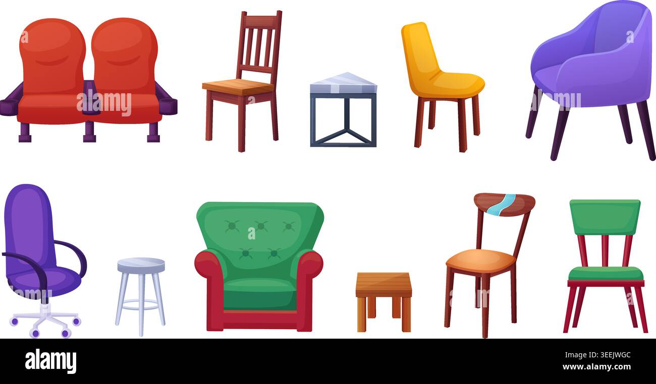 Sessel, Stühle und Hocker. Cartoon Stuhl für Wohnzimmer, Kino, Büro oder Halle Wartezone. Holzhocker für Küche, Esszimmer, Stuhl im Freien Stock Vektor