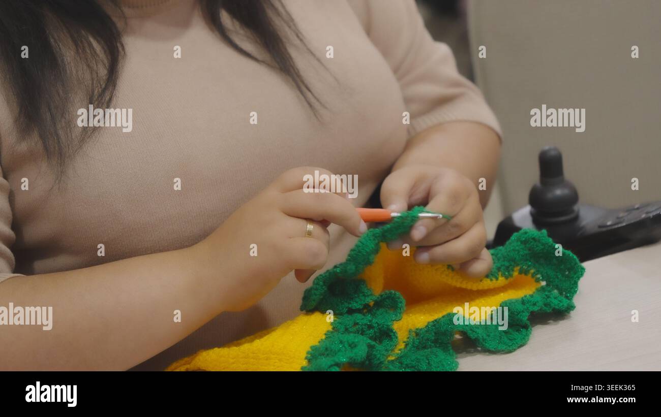 Frau strickt, während sie Nadeln und Garn verwendet, um Kleidungsstücke in professionellem High zu machen Stockfoto