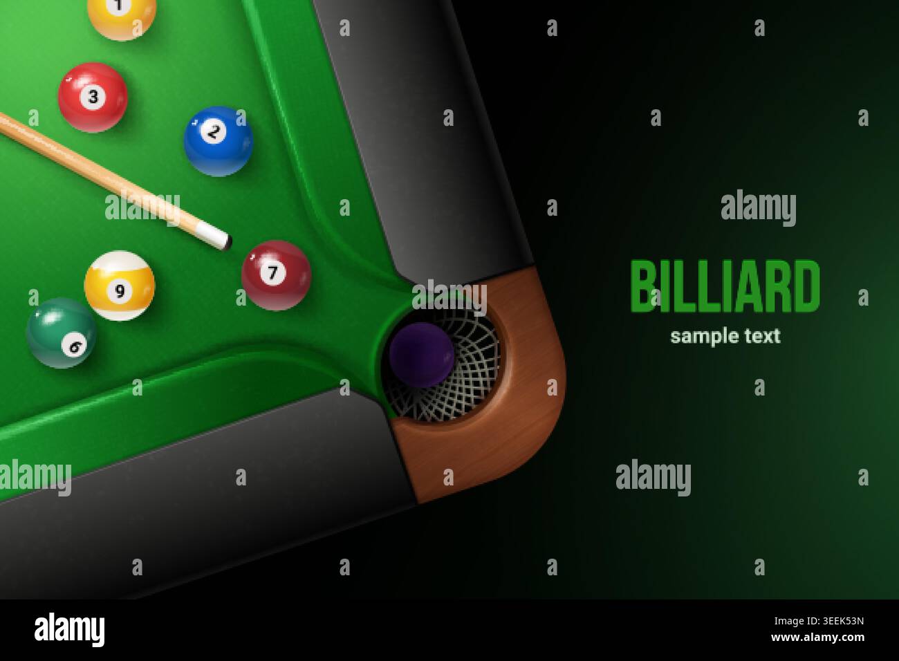 Realistischer Billardtisch. Snooker-Wettbewerbsposter, 3D-Billardbälle mit Zahlen auf grünem Tisch oben Ansicht amerikanisches Turnier Sportspiel Spielbanner exakte Vektorillustration Originalkunstwerk Stock Vektor