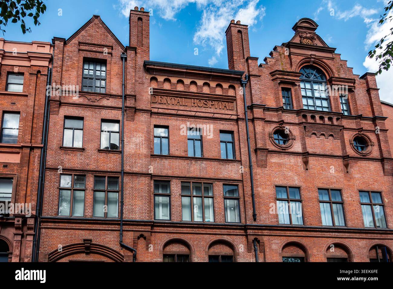 Dublin Dental University Hospital am Lincoln Place, Dublin, Irland. Eine große rote Ziegelfassade mit kunstvollen Giebeln und hohen Schornsteinen unter blauem Himmel. Stockfoto