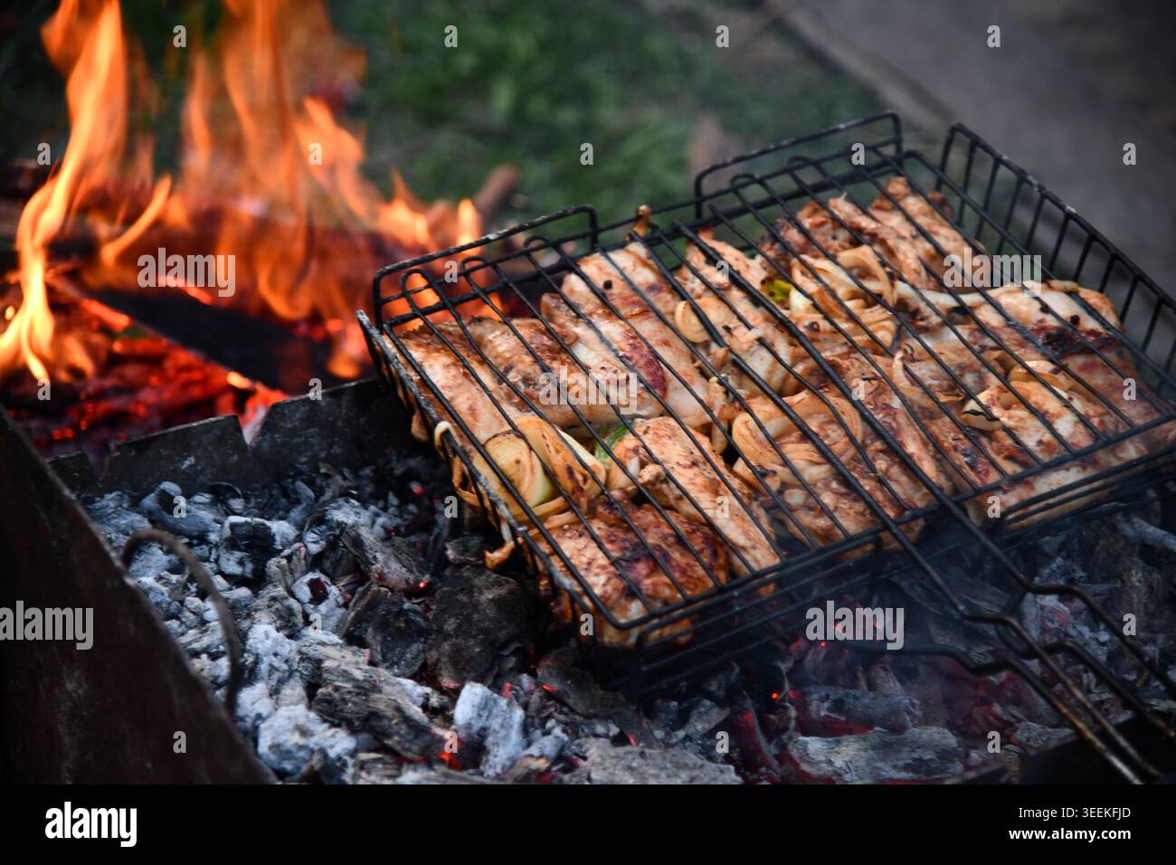 Eine Gruppe von Freunden, die draußen Party machen. Konzentrieren Sie sich auf Barbecue-Grill mit Speisen. Platz für Text Stockfoto