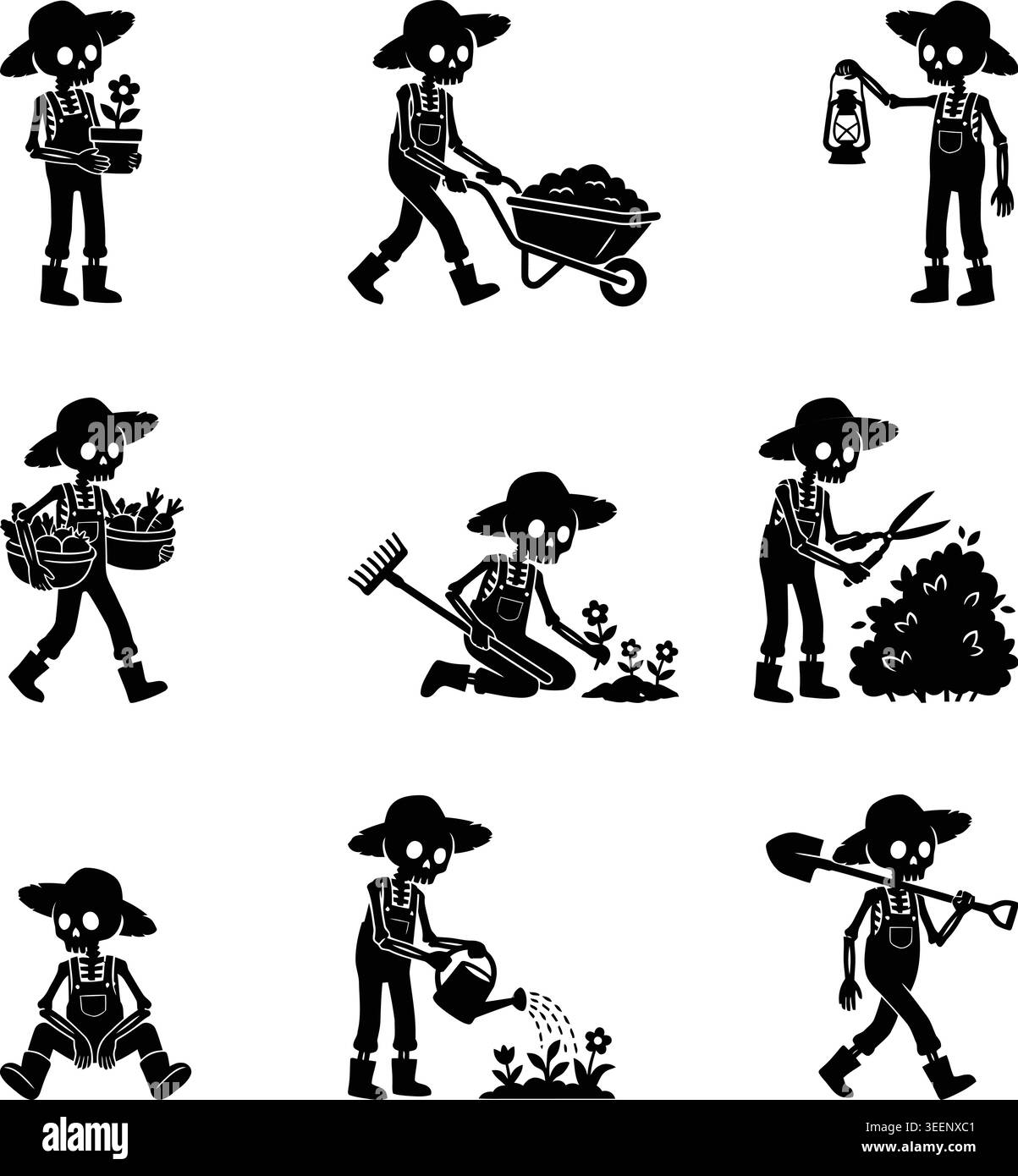 Skelett Gärtner Silhouette Vektor Illustration Set für Halloween Design Stock Vektor