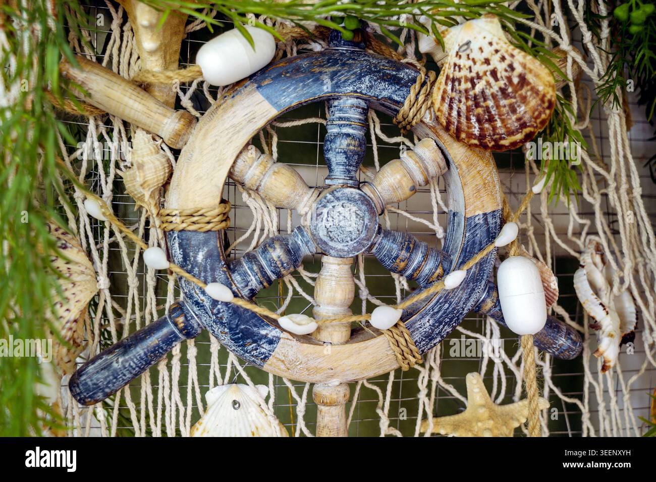 Schiffslenkrad umgeben von Muscheln und dekorativen Netzen. Es erzeugt eine nautische Stimmung. Konzept von Ocean Souvenir und Reisebüro Decoratio Stockfoto