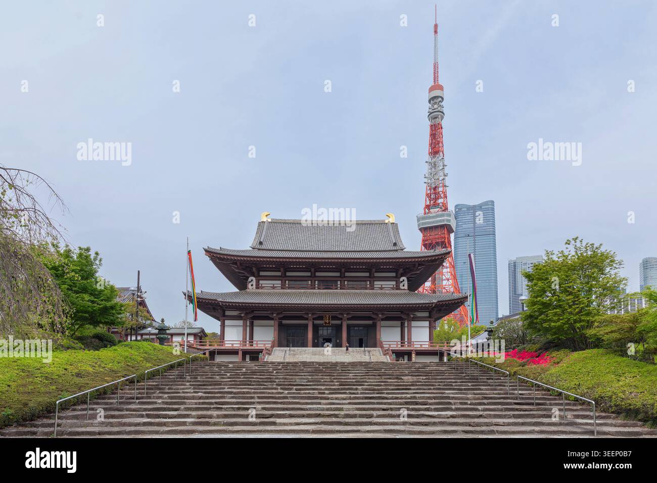 Vorderansicht eines traditionellen Tempels, der über Steintreppen erreicht wird, mit Tokio Tower, der hinter der Dachlinie in Tokio, Japan, ragt. Stockfoto