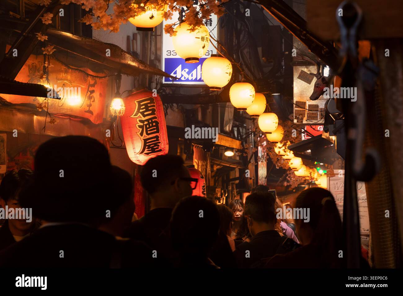 Die Menge läuft durch eine enge Gasse, die von Papierlaternen und warmen Lichtern beleuchtet wird, in einer Straße mit Nachtleben in Tokio. Stockfoto