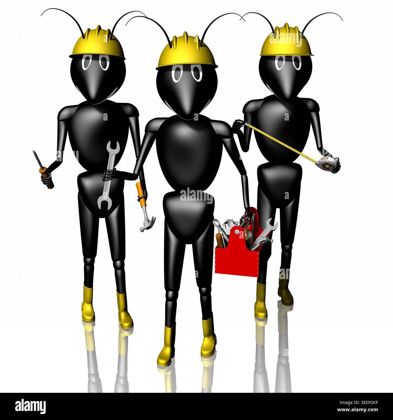 Drei Zeichentrickameisen mit Helmen und Werkzeugen symbolisieren Teamarbeit, Reparaturarbeit und fleißige Zusammenarbeit. Ideal für pädagogische, technische und spielerische Anwendungen Stockfoto