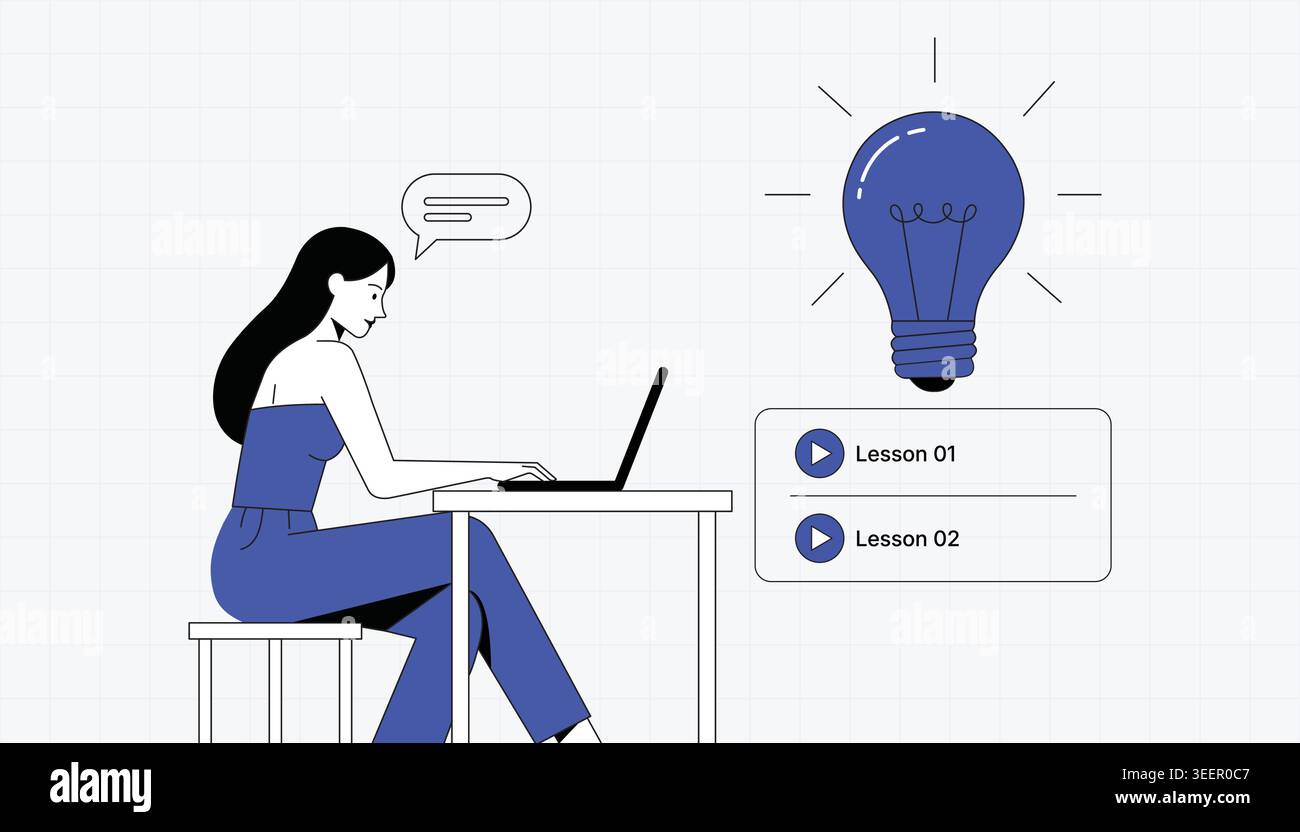 Online-Fernlernstudentin Frau, die auf Laptop mit kreativer Idee Glühbirne Qualität Service Illustration studiert Stock Vektor