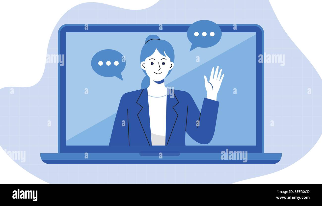 Virtueller Online-Meeting-Videoanruf mit winkender Frau auf Laptop-Bildschirm soziale Kommunikationsdienstvektorillustration Stock Vektor