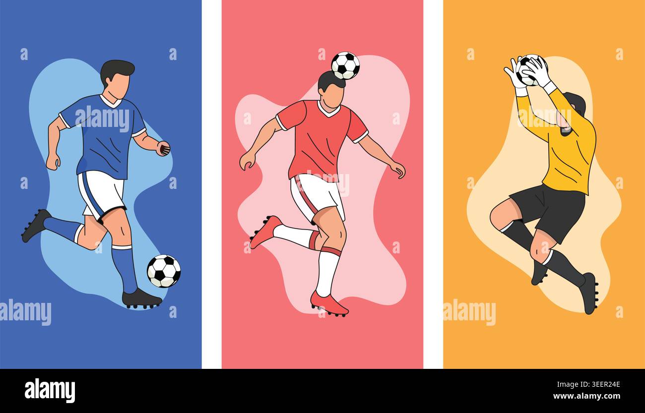 Aktive Fußballspieler in dynamischer Bewegung posieren, laufendes und auffangendes Ball-Vektor-Illustration Set Stock Vektor
