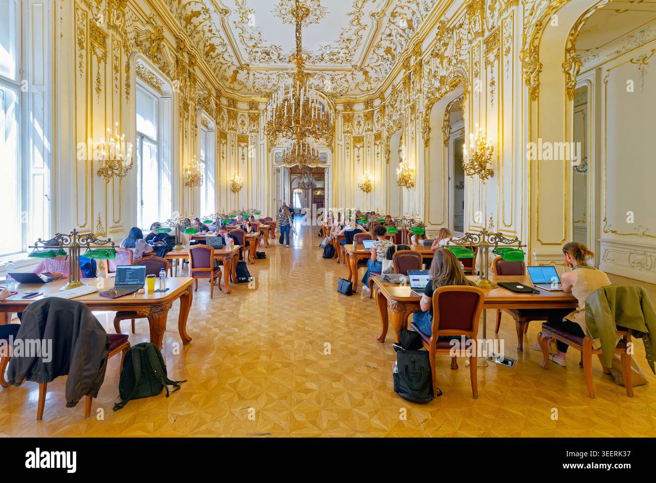 Studenten arbeiten an Laptops an Tischen in der Metropolitan Ervin Szabo Library. Die Bibliothek ist mit kunstvollen Dekorationen und hellen Fenstern ausgestattet. Stockfoto