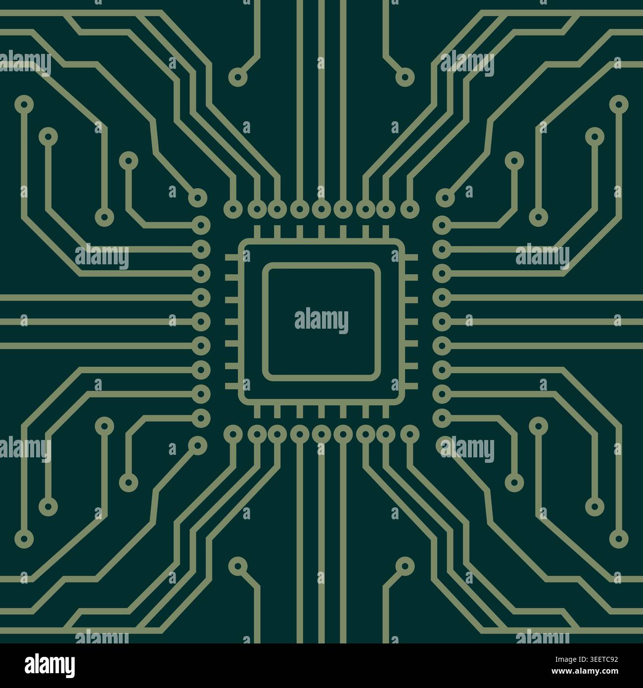 Nahtloses Mikrochip-Schaltungsmuster mit weichen goldenen Linien auf dunkelgrünem Hintergrund Stockfoto
