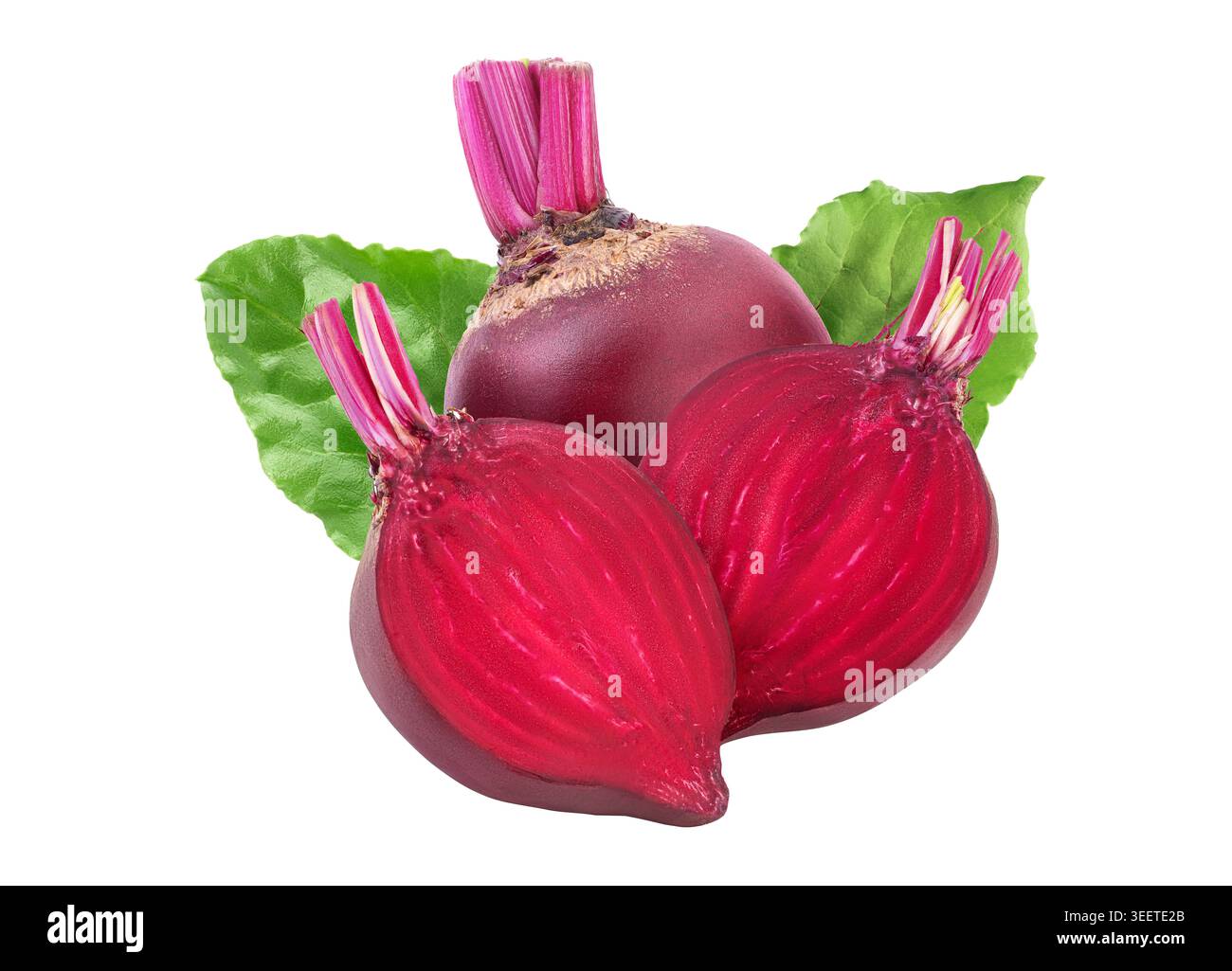 Rote Bete, zur Hälfte isoliert, auf weißem Hintergrund mit voller Schärfentiefe Stockfoto