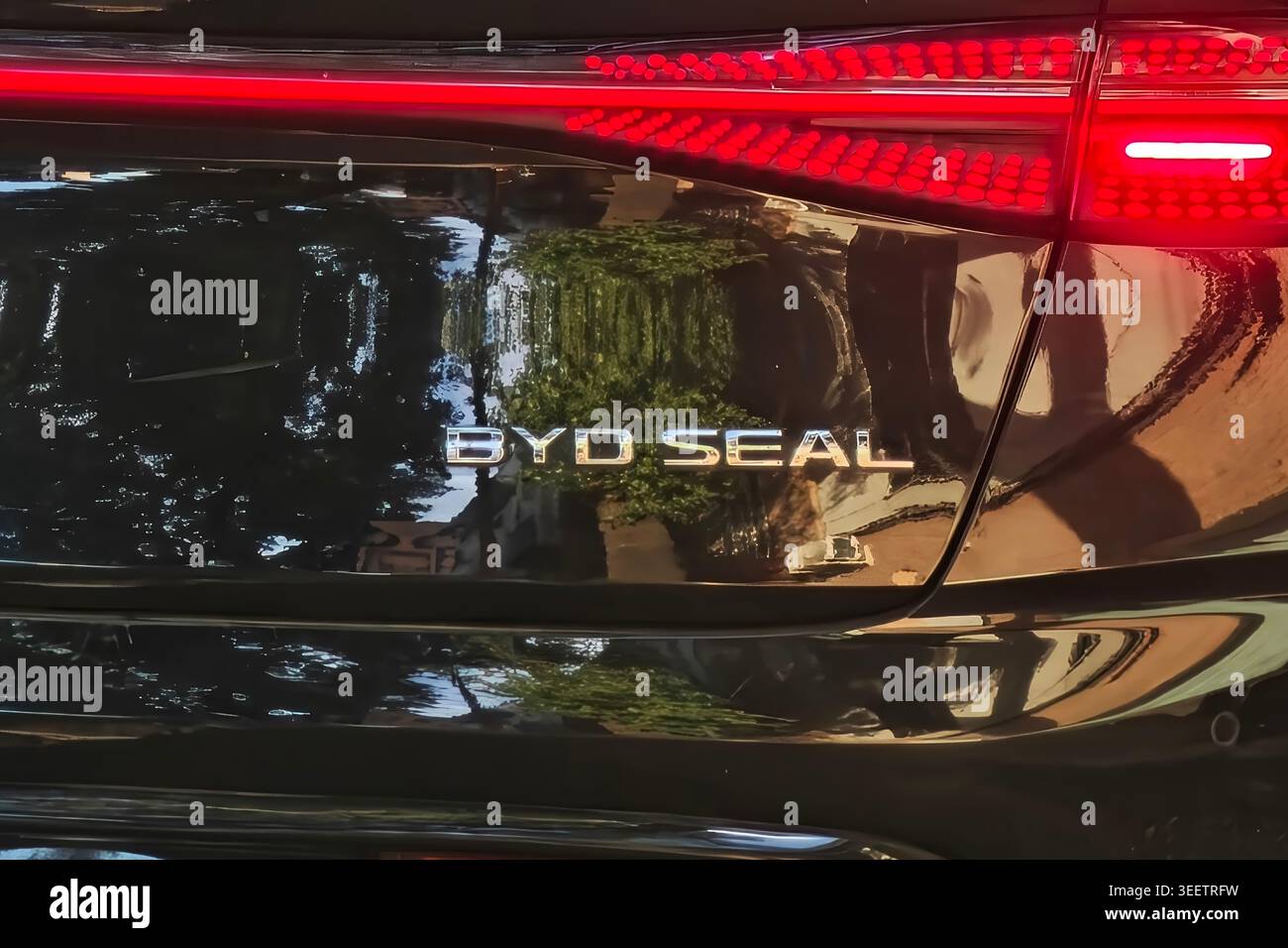 BYD-Dichtung Rückleuchten und elektrisches Limousine-Emblem bei glänzend schwarzem Fahrzeug Stockfoto
