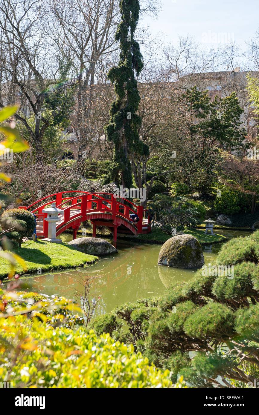 Traditionelle japanische Gartenlandschaft mit roter Brücke, Teich und Zierbäumen in Toulouse Frankreich an einem sonnigen Tag. Stockfoto
