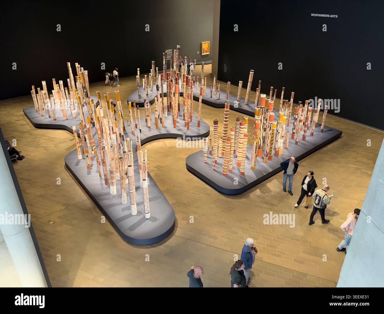 Die große Aborigine-Gedenkstätte, Tribut, Hollow Log Soffins. Im National Gallery of Australia Kunstmuseum in Canberra. Stockfoto