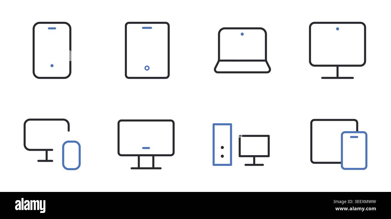 Symbole für Mobilgeräte und Computergeräte Festlegen von Linien bearbeitbaren Konturvektoren. Stock Vektor