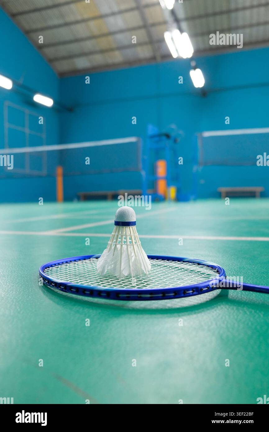 Nahaufnahme eines Badminton-Shuttlecock, der auf den Fäden eines Schlägers ruht Stockfoto