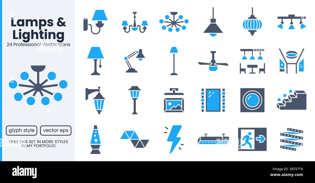 Beleuchtung, Glyphe-Symbole für Innenbeleuchtung. Kronleuchter, Deckenventilator, Kosmetikspiegel, LED-Streifen, Notausgang flach minimale Vektorabbildungen. Einfach Stock Vektor